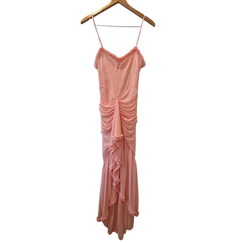 Pink Ruffle Mesh Coquette Fairy Ruched Sheer Wedding Cocktail Maxi Dress  Size M
